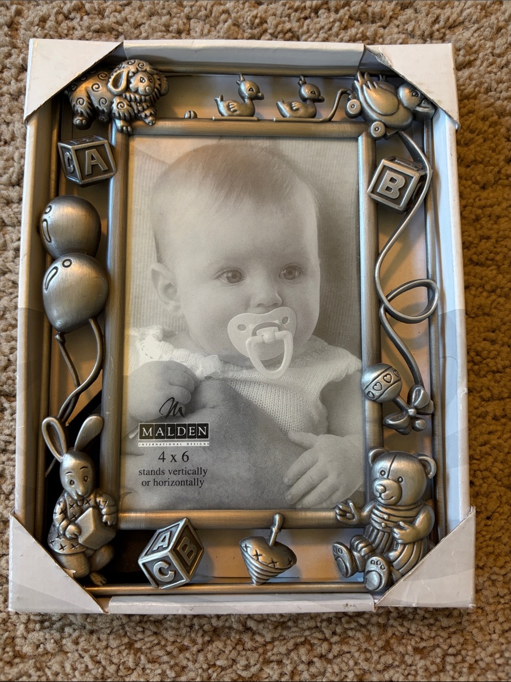 NWT Malden International Baby Theme 4x6” Photo Frame Brushed Silver Pewter Tone
